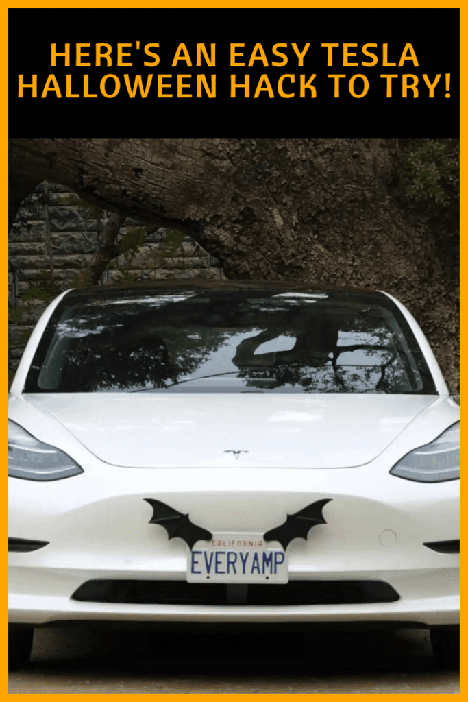 Tesla Halloween hack Pinterest image. Tesla Cosplay fit car bat wings attached to licence plate holder