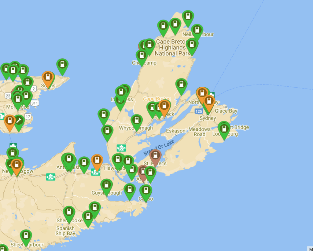Map of Cape Breton and Cabot Trail Charging infrastructure 