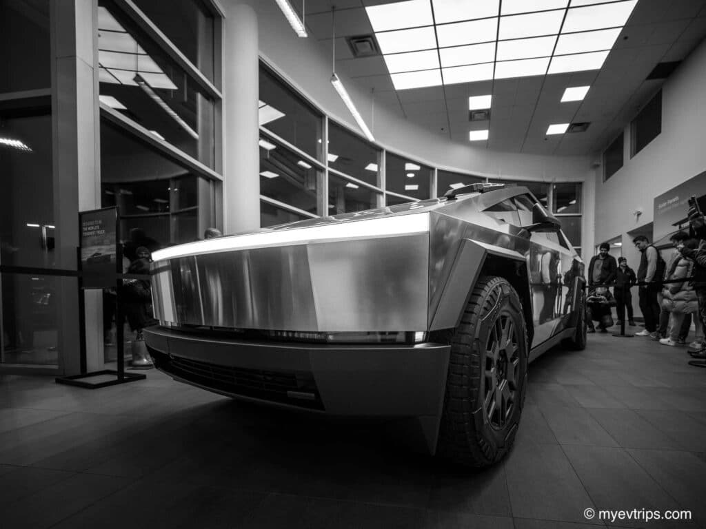 the tesla cybertruck canada display model in black and white