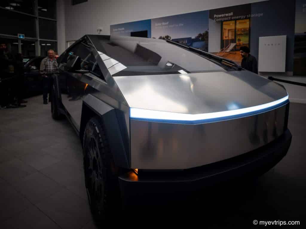 Tesla Cybertruck Canada display model photo taken on an angle from the front