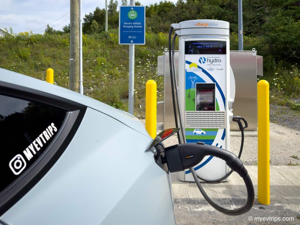 Tesla Model Y charging at a Newfoundland Hydro station with the best tesla ccs adapter