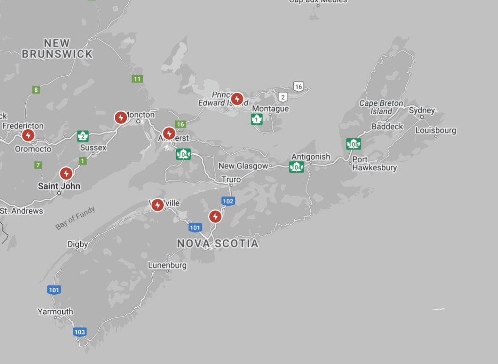 Map of Tesla Superchargers in Nova Scotia