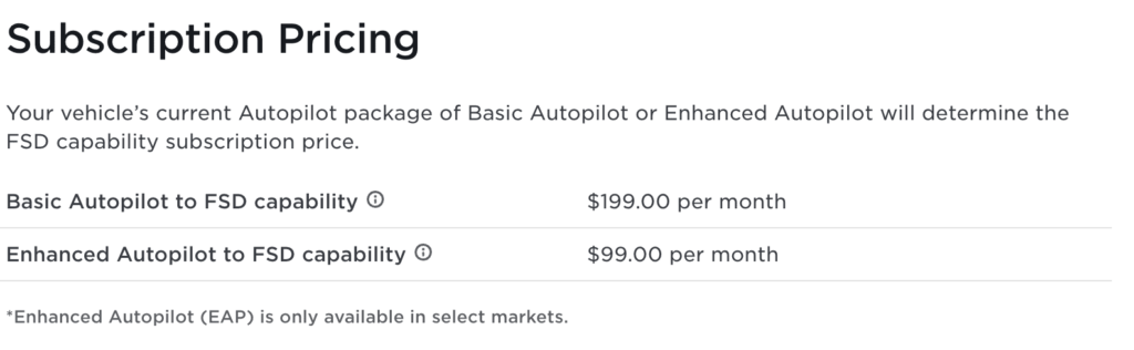 Tesla FSD subscription prices from Tesla.com