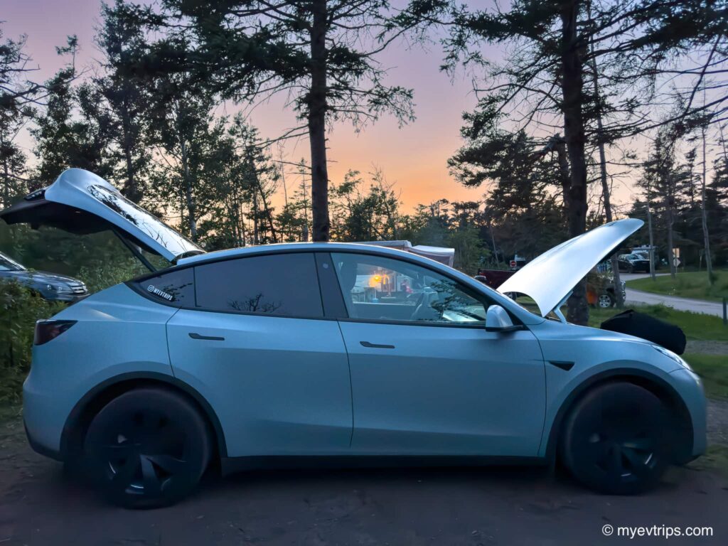 Tesla Model Y Camping mode at sunset in PEI