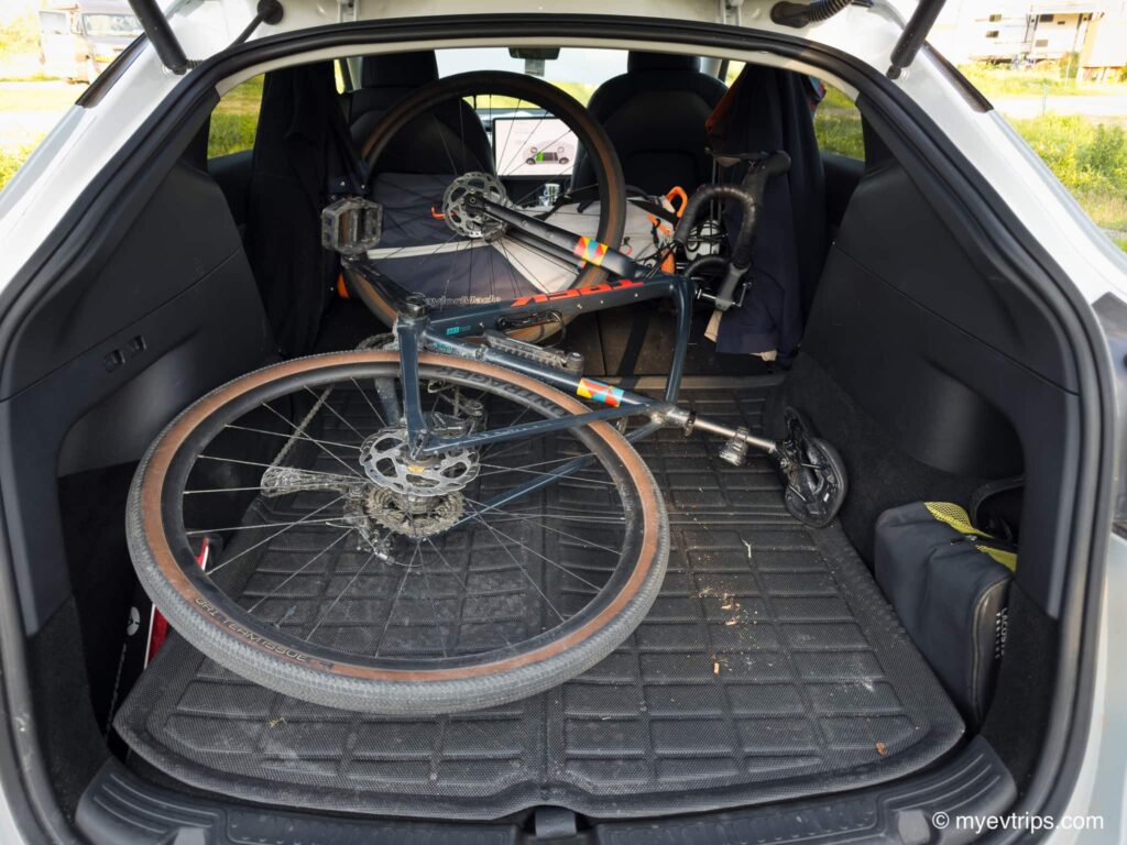 Trek bike in the back of a Tesla Model Y