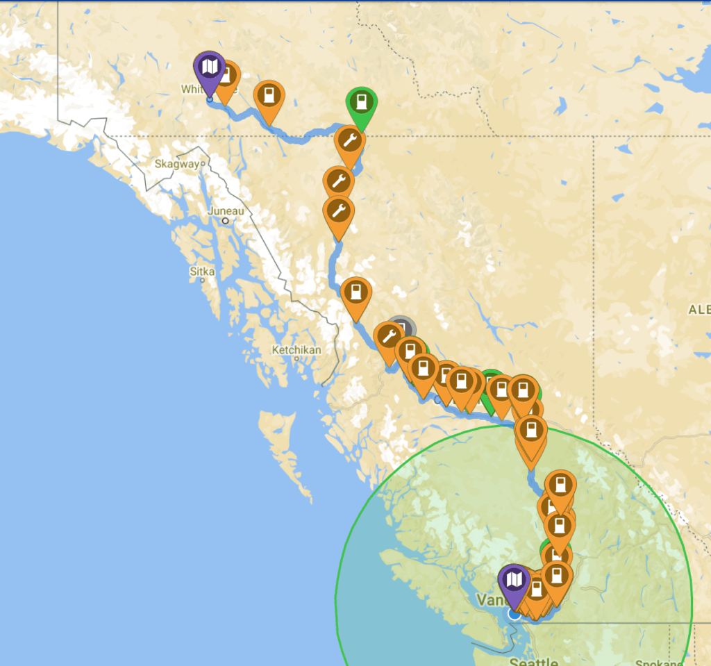 EV charging map driving to the Yukon on HWY 37