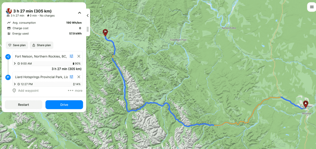 ABRP Yukon Road Trip plan - Ft. Nelson to Liard Hot Springs