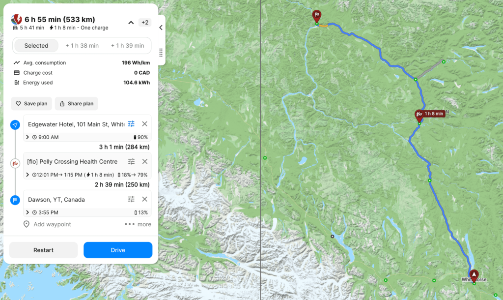 ABRP Yukon Road Trip plan - Whitehorse to Dawson City