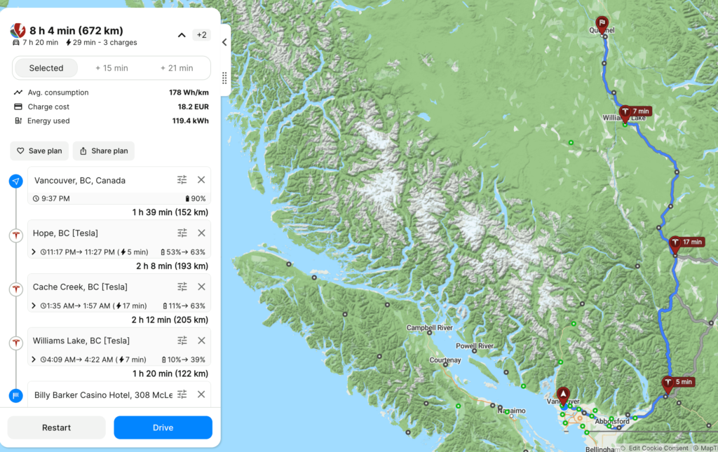 ABRP Yukon Road Trip plan - Vancouver to Quesnel
