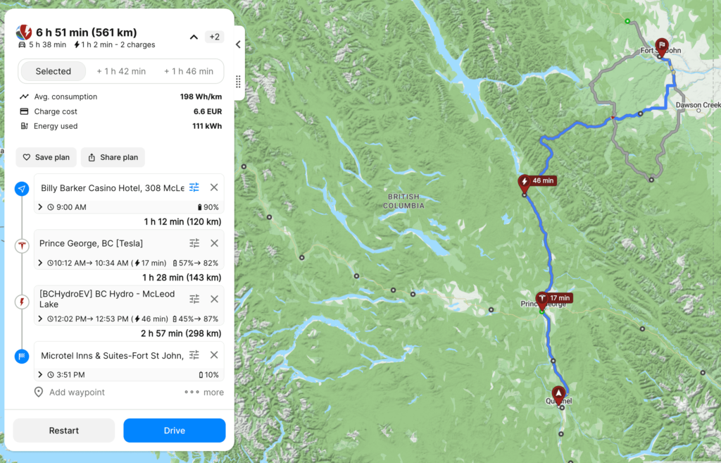 ABRP Yukon Road Trip plan - Quesnel to Fort St. John