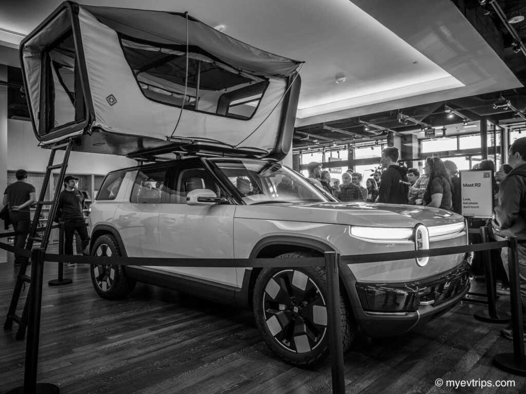 Rivian R2 display in Seattle in black and white