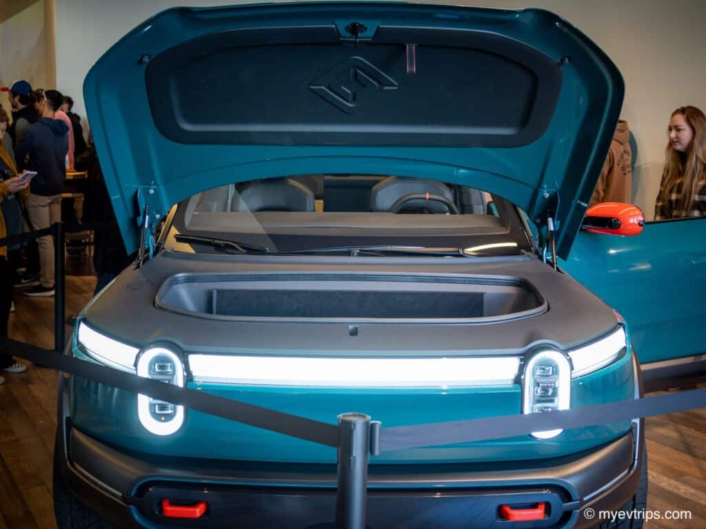 Rivian R3X on display in Seattle showroom frunk