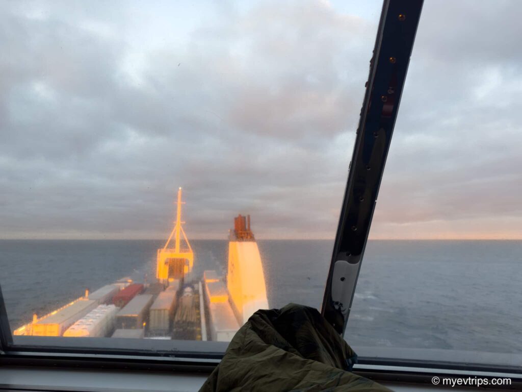 Newfoundland ferry recliner seat view at sunrise on my Newfoundland EV road trip crossing