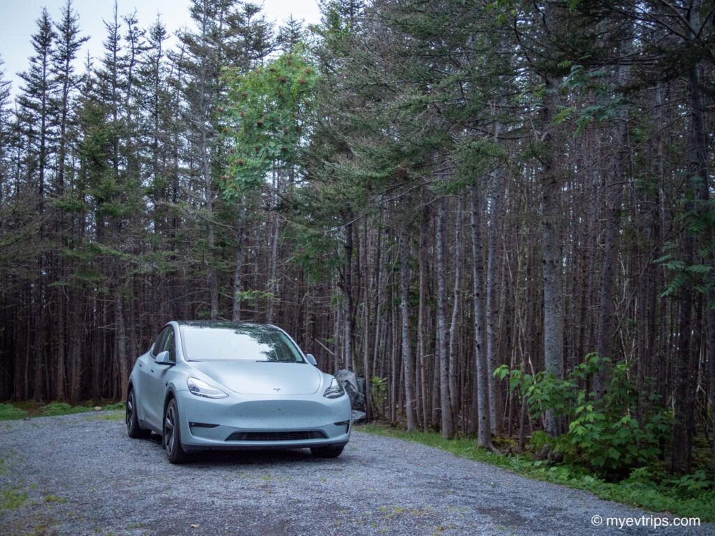 Tesla Model Y at Gros Morne campsite