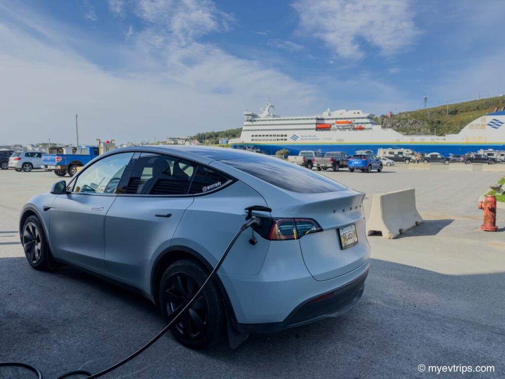 Tesla Model Y charging at Port Aux Basque Newfoundland ferry terminal 
