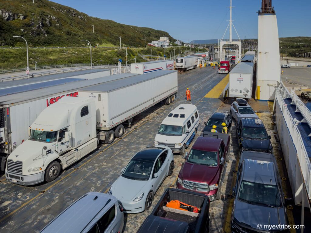 Tesla Model Y on the top deck of ferry from Newfoundland to Nova Scotia
