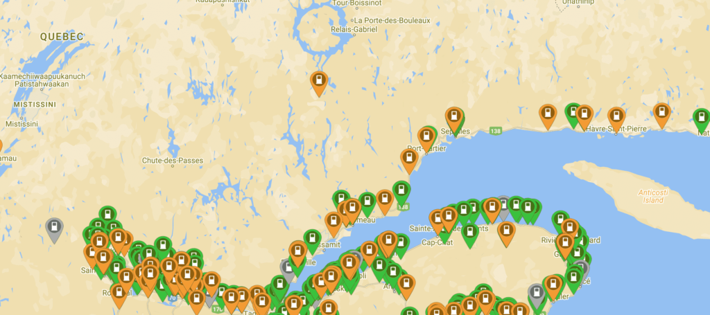 Quebec City to Baie-Comeau EV charging map via plugshare