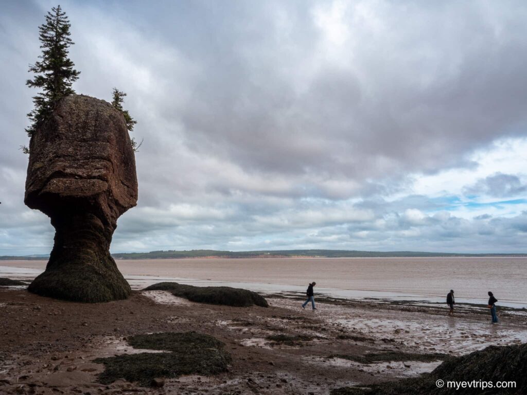 People standing next to Hopewell Rocks at low tide in New Brunswick