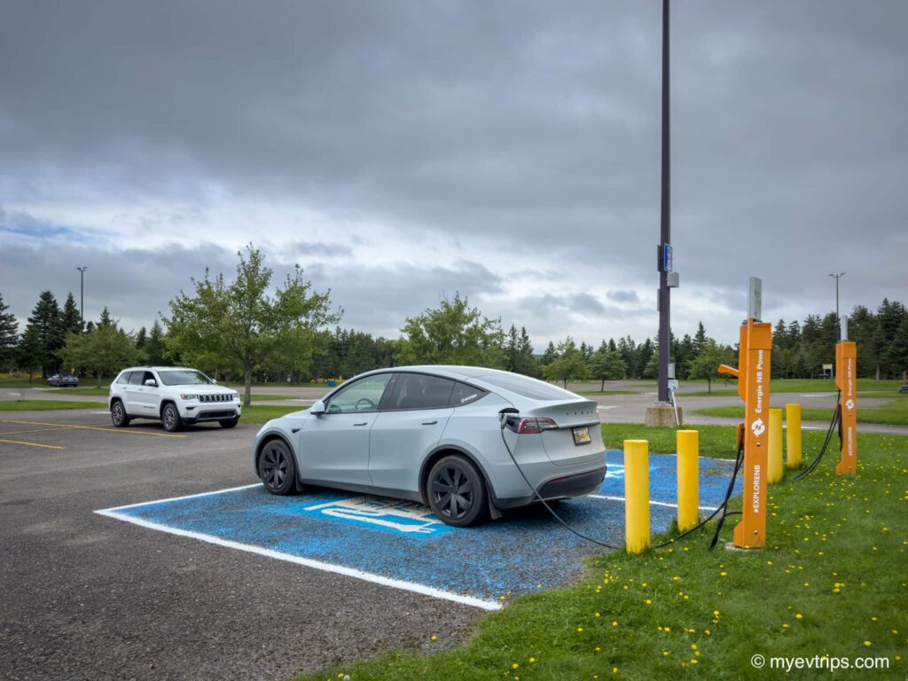 Tesla Model Y charging at Hopewell Rocks Park in New Brunswick