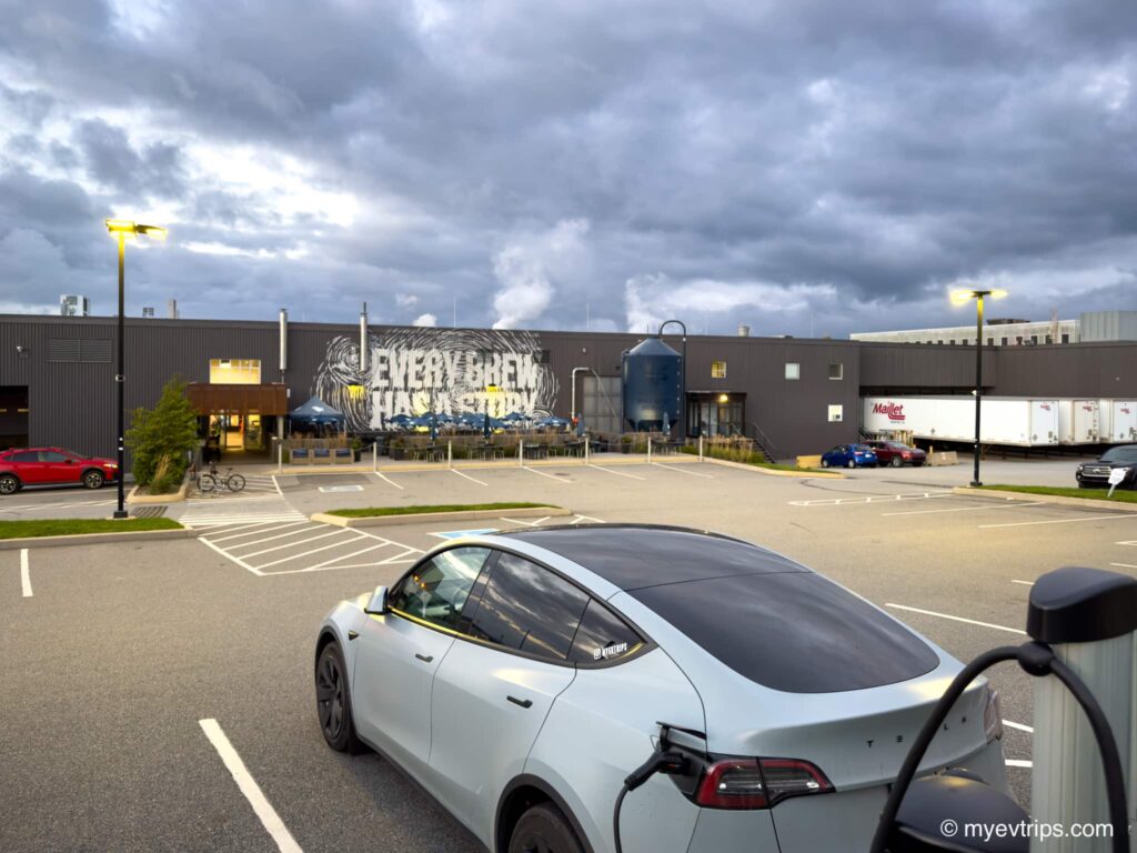 Tesla Model Y charging outside of Moosehead Brewery in Saint John, New Brunswick