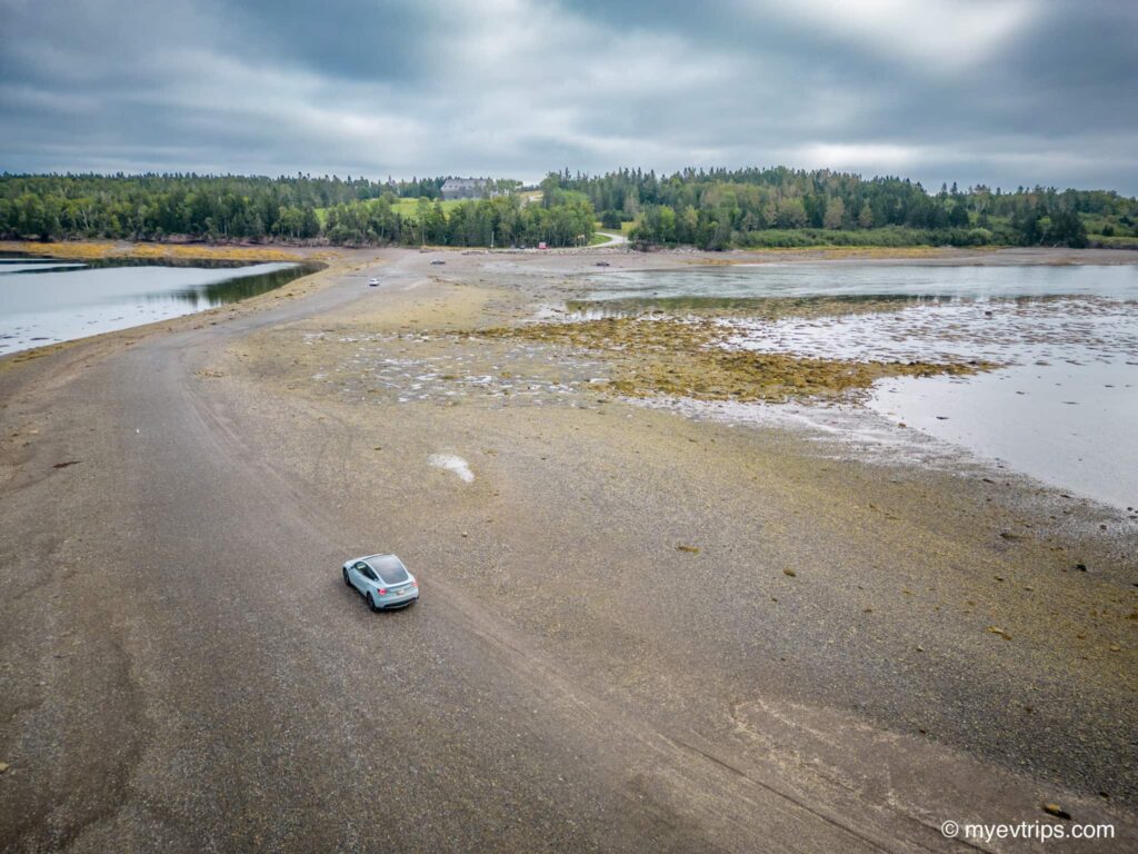 Tesla Model Y Driving on the sea floor to Ministers Island in Saint Andrews NB