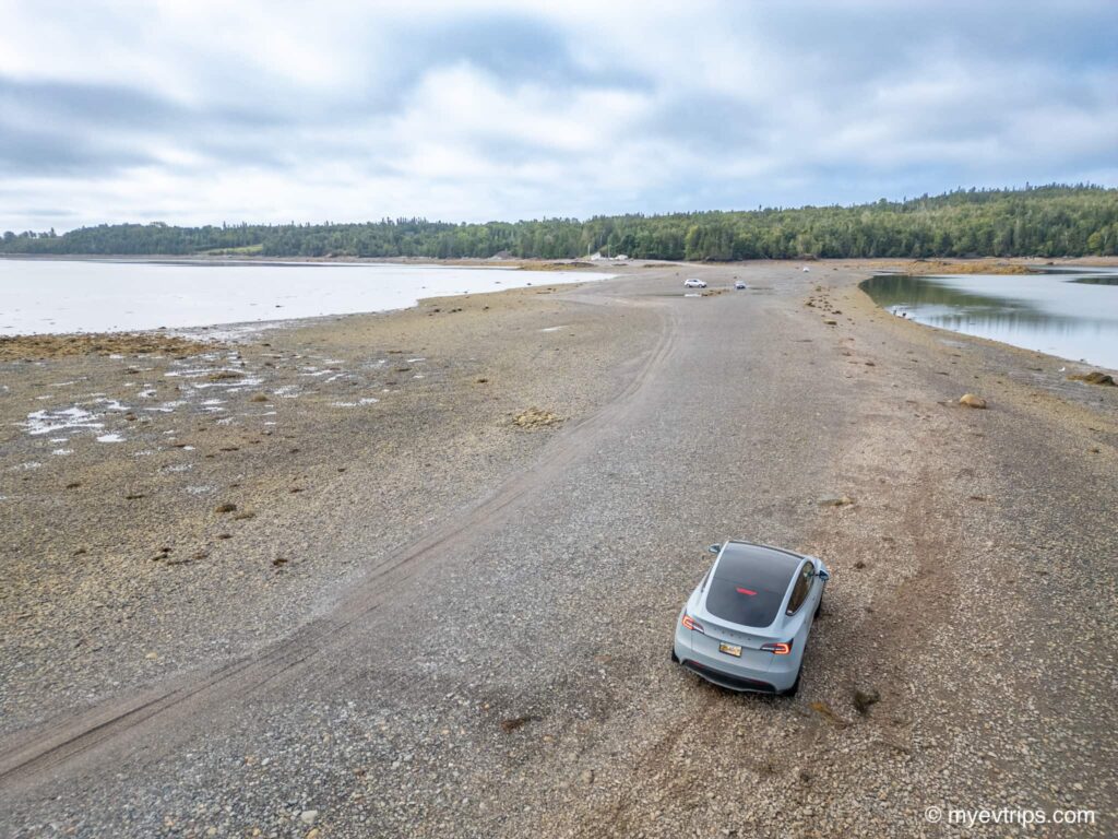 Tesla Model Y Driving on the sea floor to Ministers Island in Saint Andrews NB