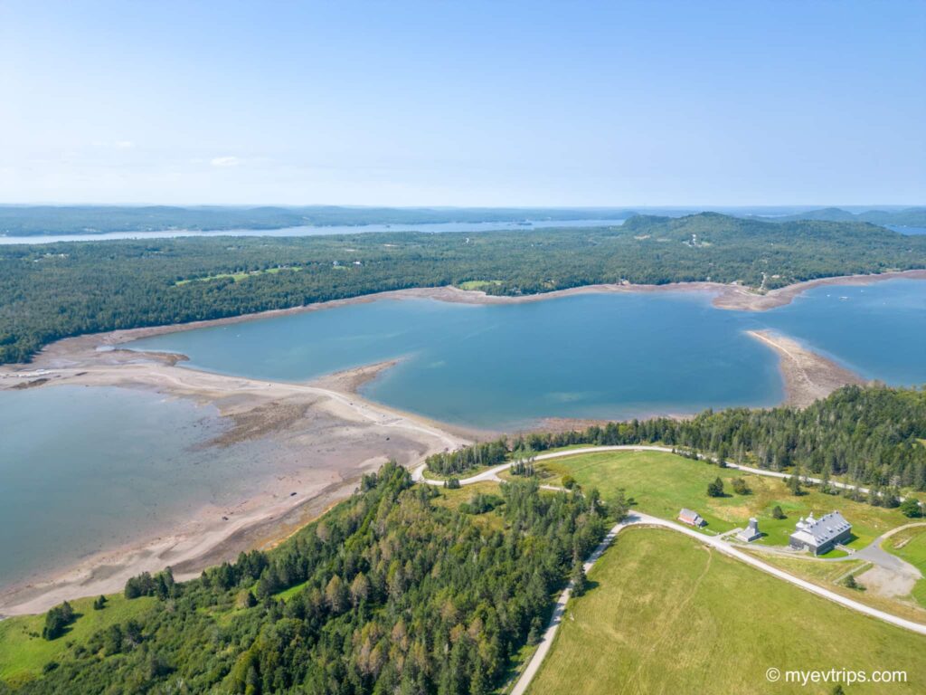Arial shot of land bridge connecting Ministers Island to Saint Andrews tNB