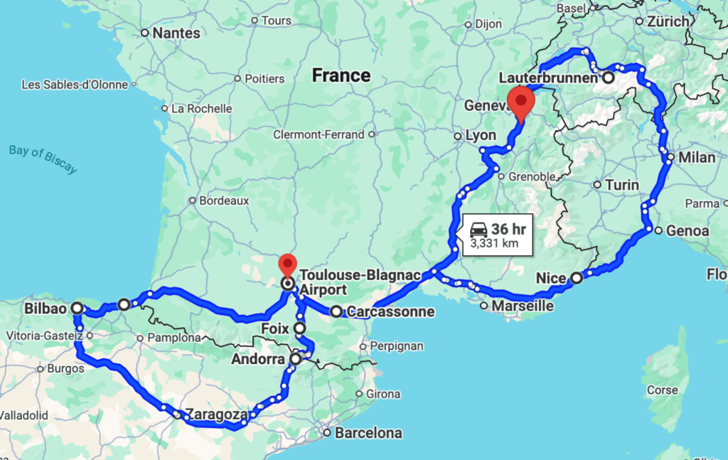 Map of my EV charging in Europe plan