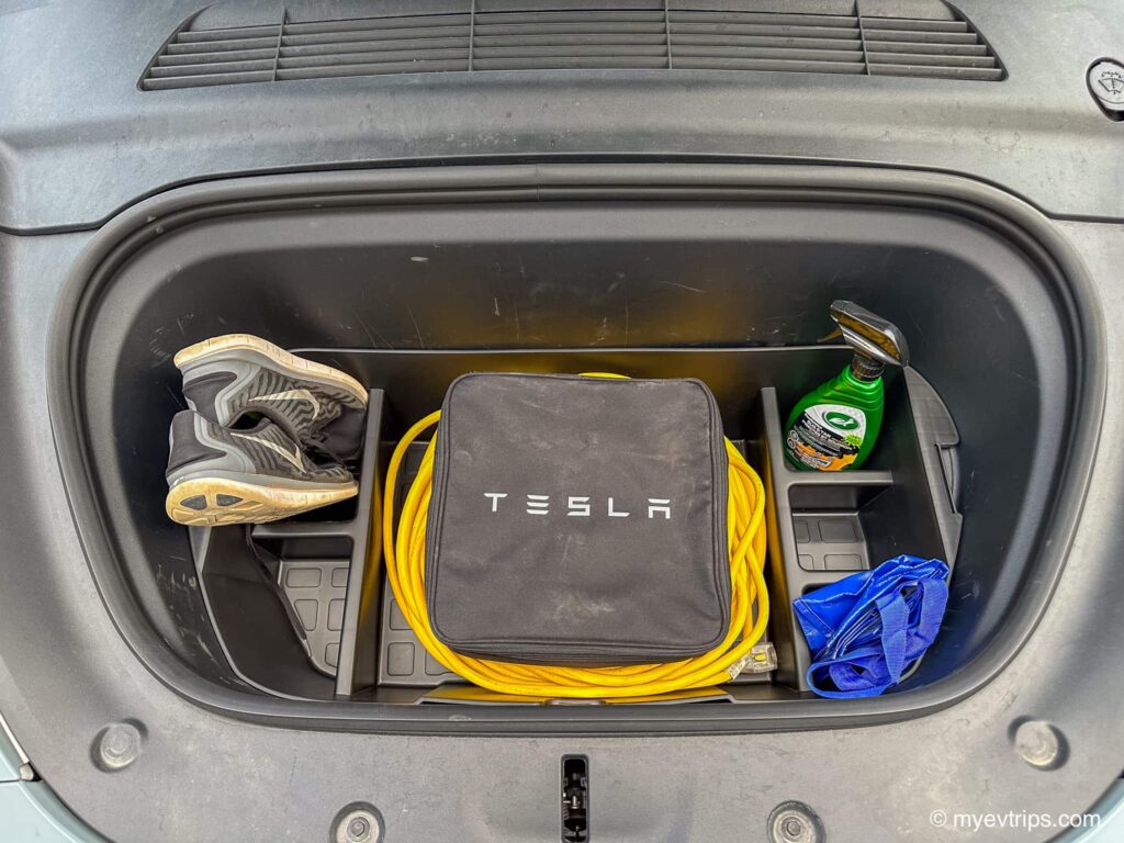 Tesla Model Y Frunk Organizer with items in it