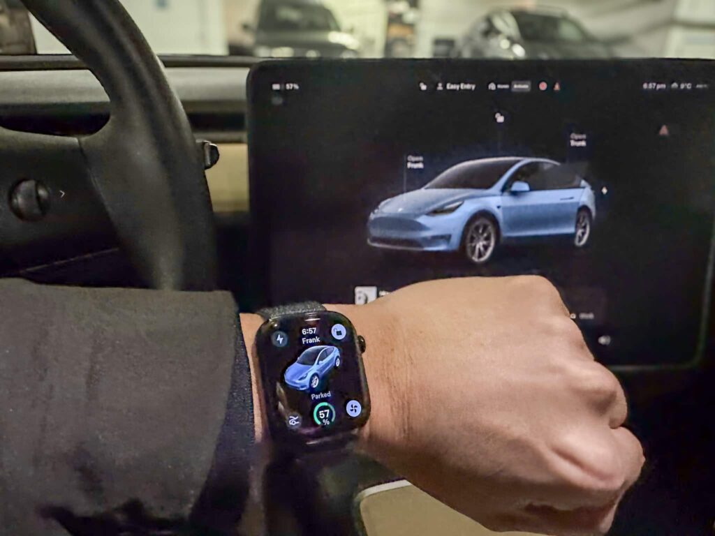 Tesla Apple Watch app home screen inside a Tesla Model Y