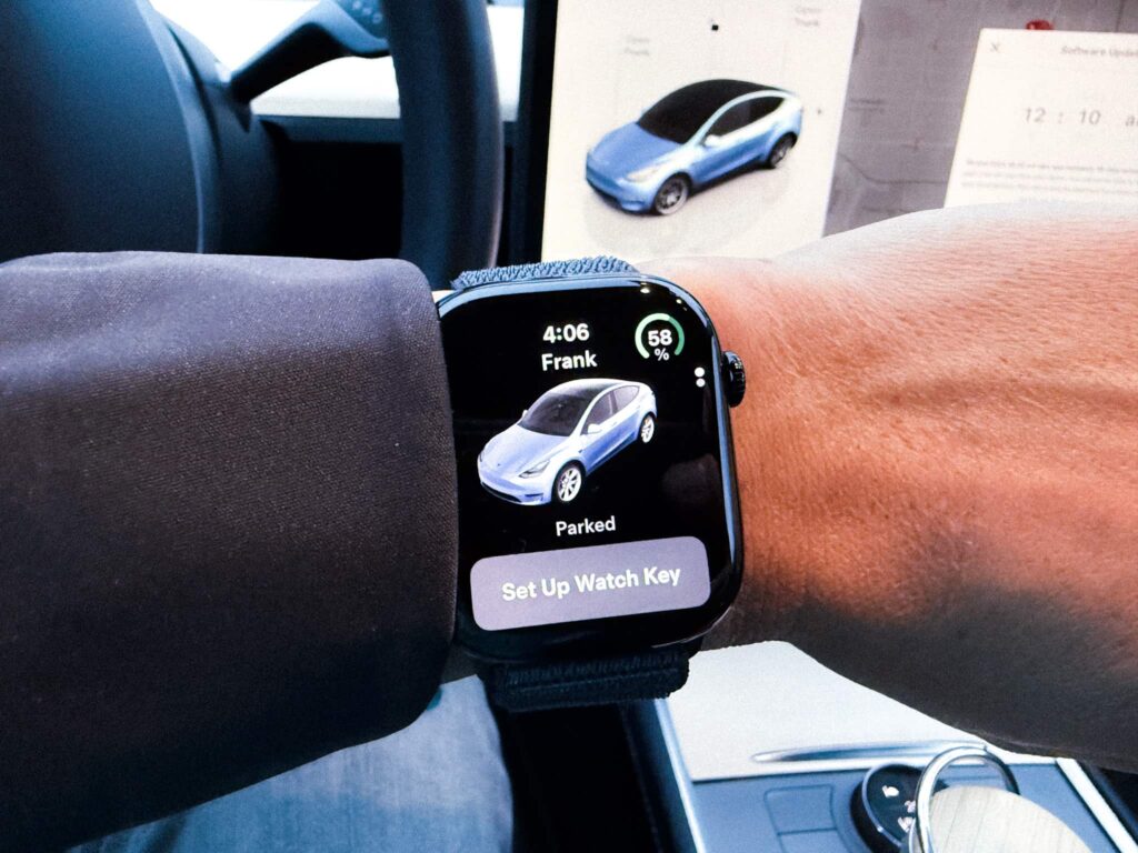 Tesla Apple Watch app setting up watch key inside a Tesla Model Y