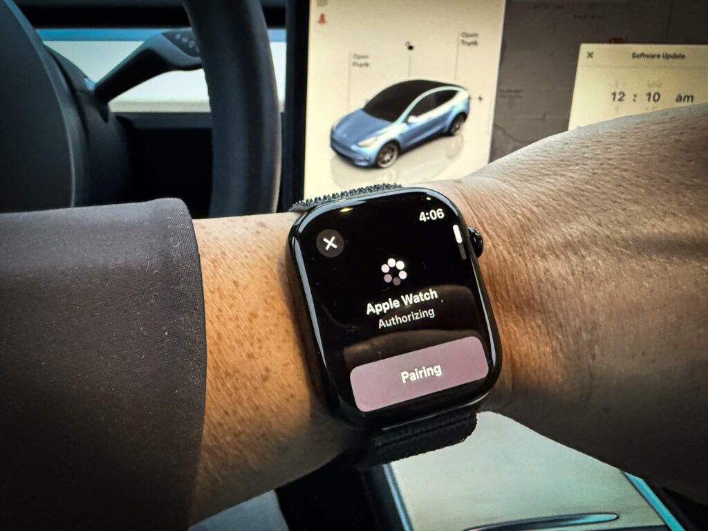 Tesla Apple Watch app setting up watch key inside a Tesla Model Y
