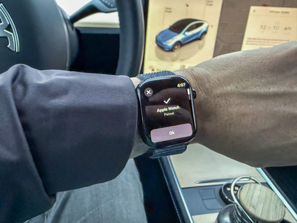 Tesla Apple Watch app setting up watch key inside a Tesla Model Y - Apple watch paired