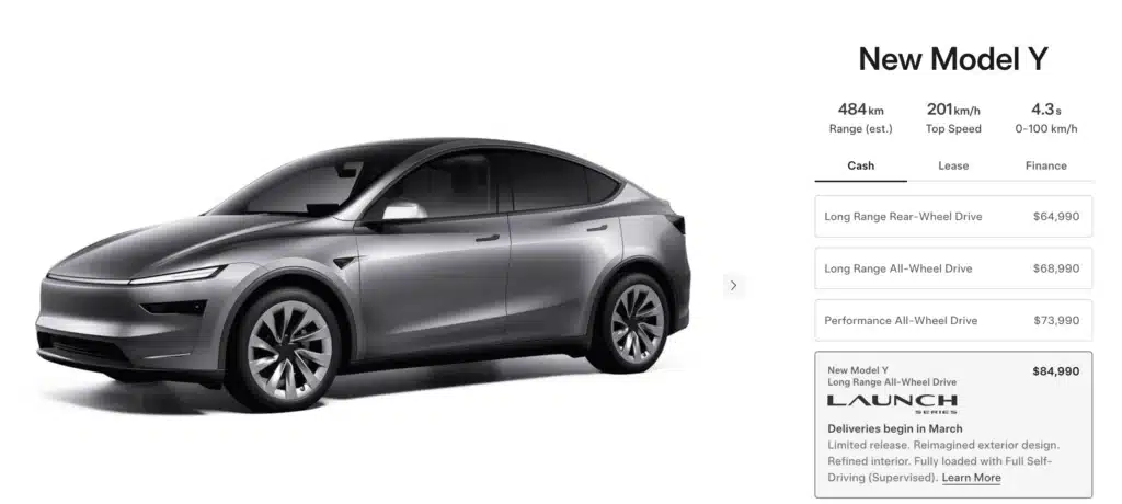 Tesla Model Y Launch Config page on Tesla website