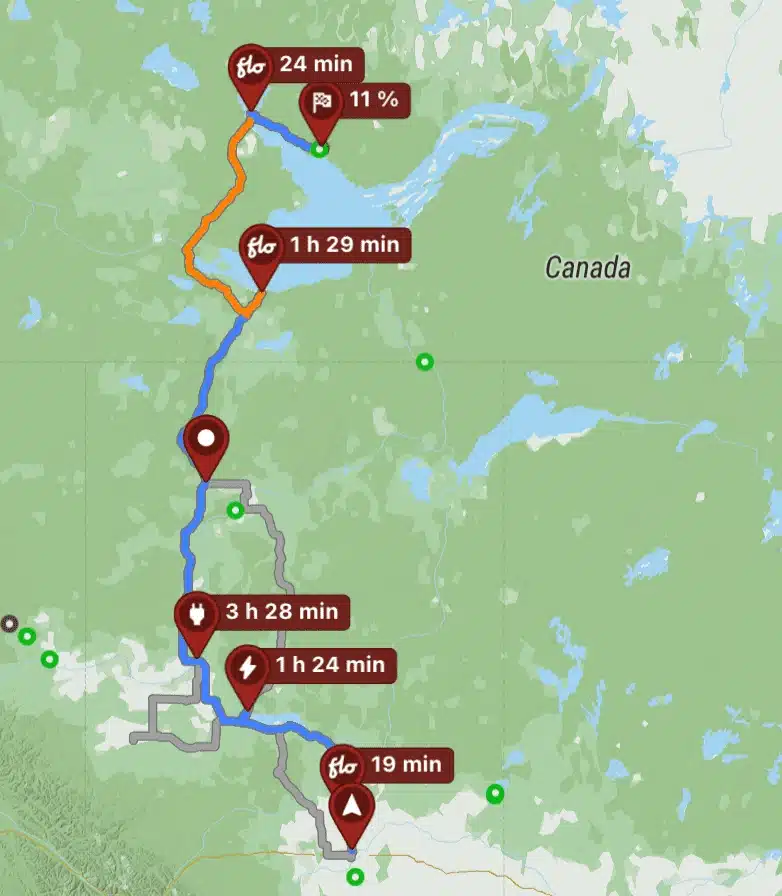EV Road Trip to Yellowknife map on ABRP