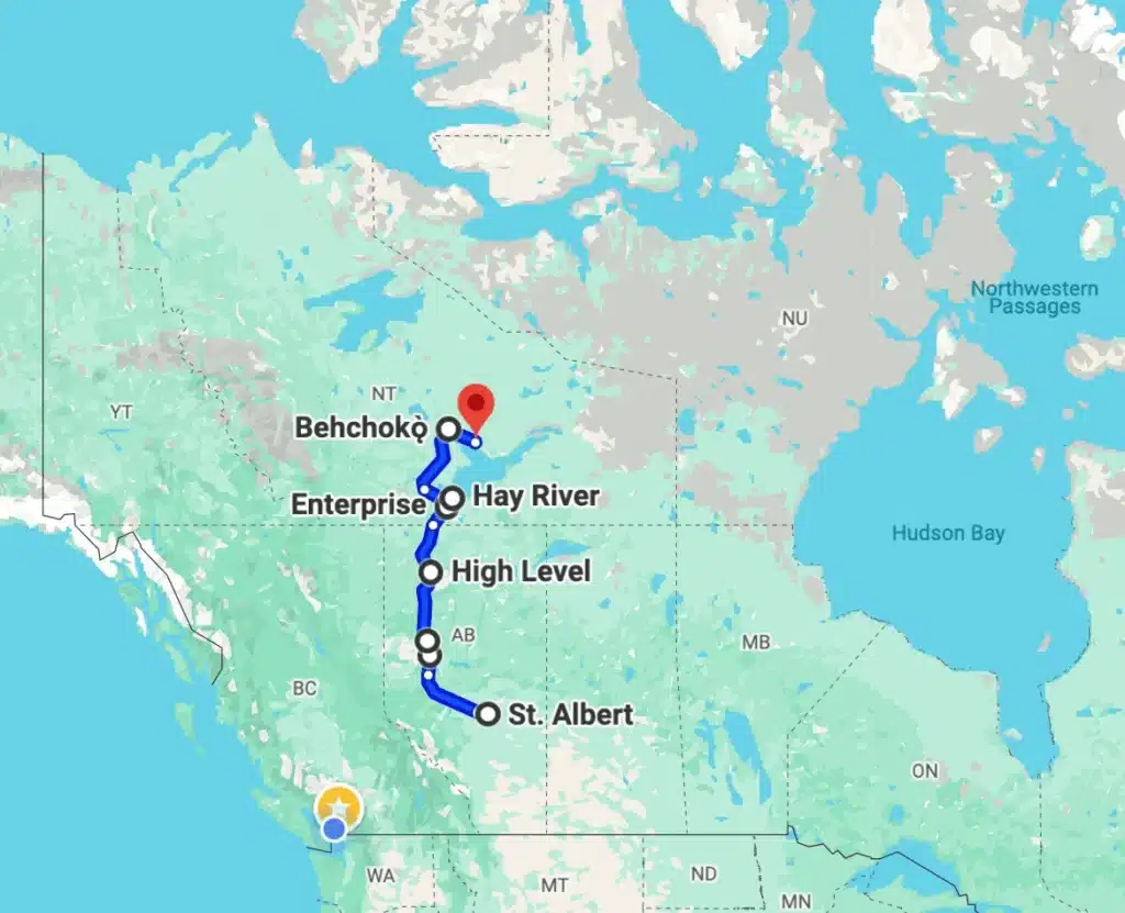google maps total driving distance for an EV Road Trip to Yellowknife
