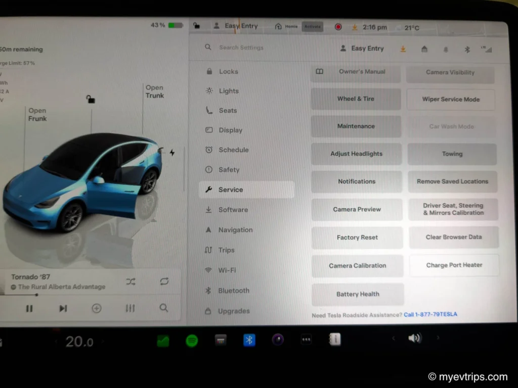 Tesla Battery Health in the console service menu