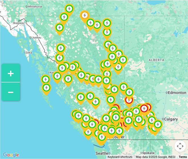 BC Hydro EV charger map