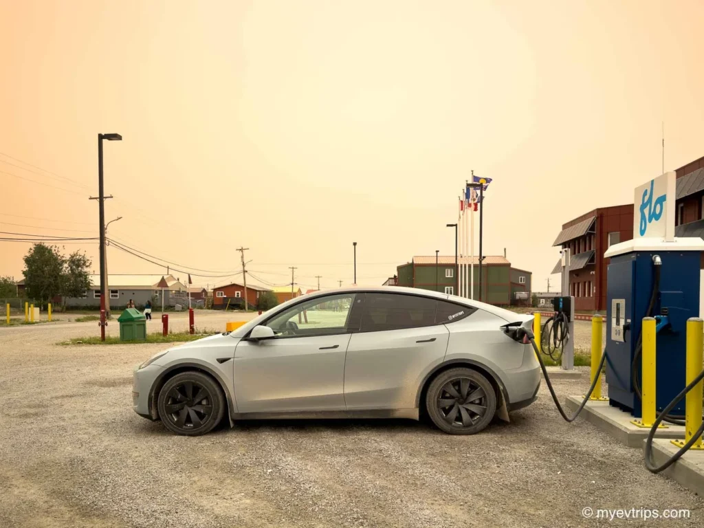 Charging a Tesla Model Y in a smokey Behchokǫ̀ on an Edmonton to Yellowknife EV road trip