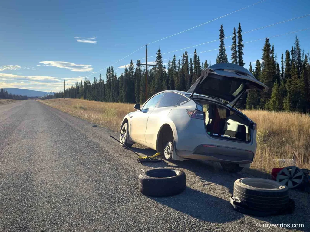 Flat tire on the side of the road on way to the Dempster Highway