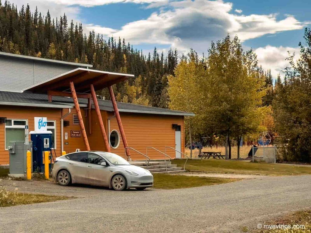 Tesla Model Y Charging in Carcross, Yukon after driving the Dempster Highway