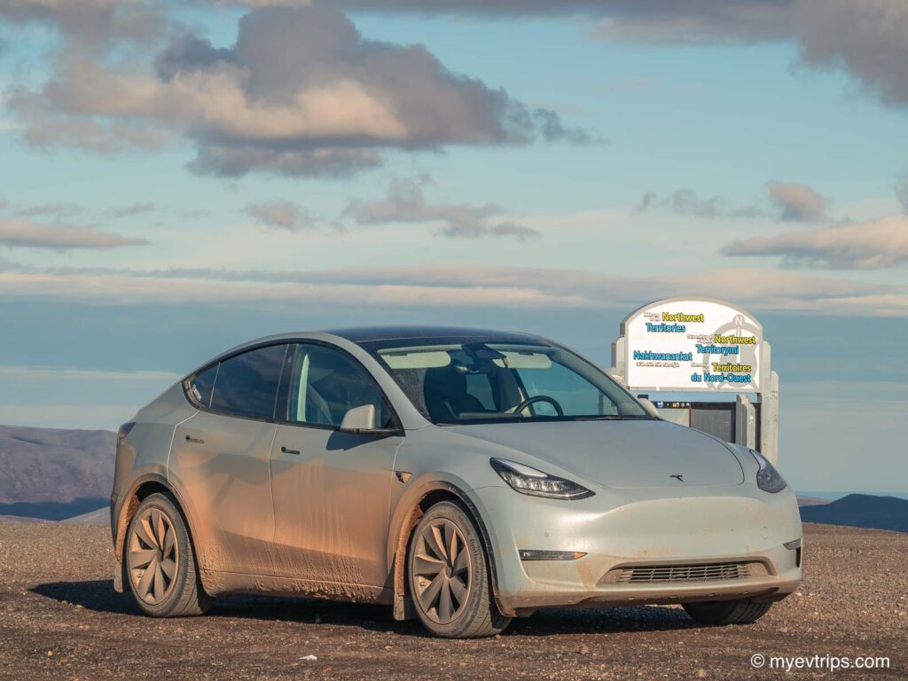 Tesla Model Y at the Pit NWT border on a drive to the Arctic Ocean