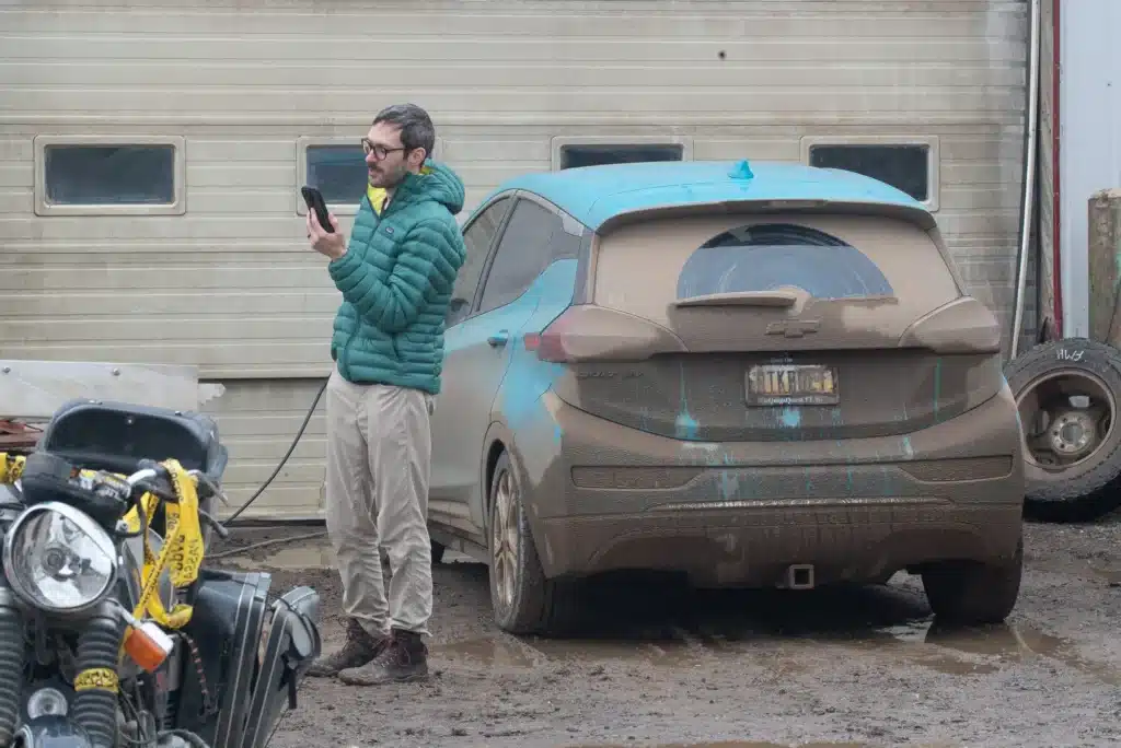 chevy bolt arctic road trip - charging in Fort McPhearson NWT